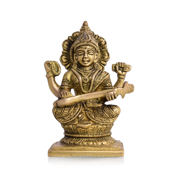 Brass Goddess Saraswati Idol (4.3 Inch)