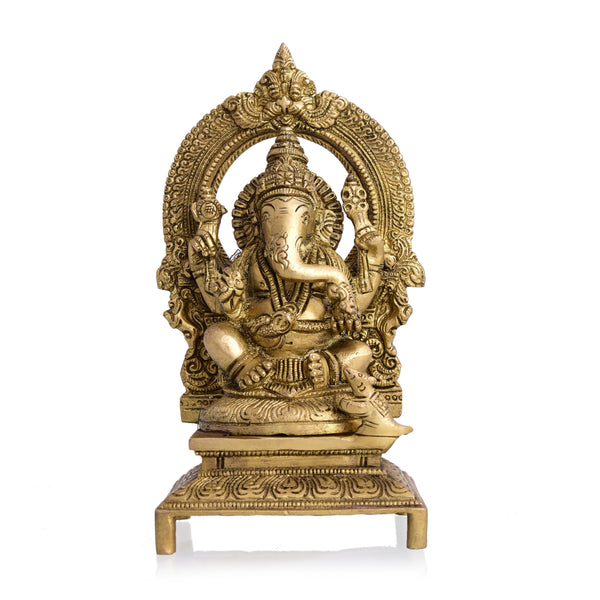 Brass Ganesha On Throne/Singhasan Idol (7.5 Inch)