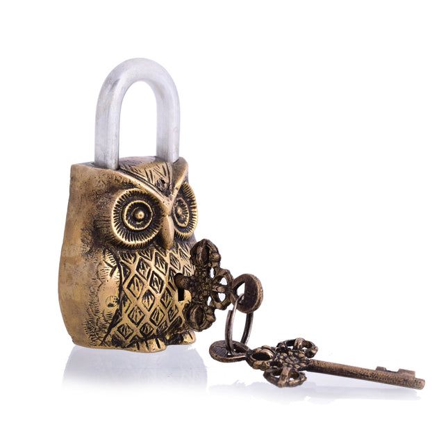 Brass Owl Door Lock With Three Brass Keys (4.7 Inch)