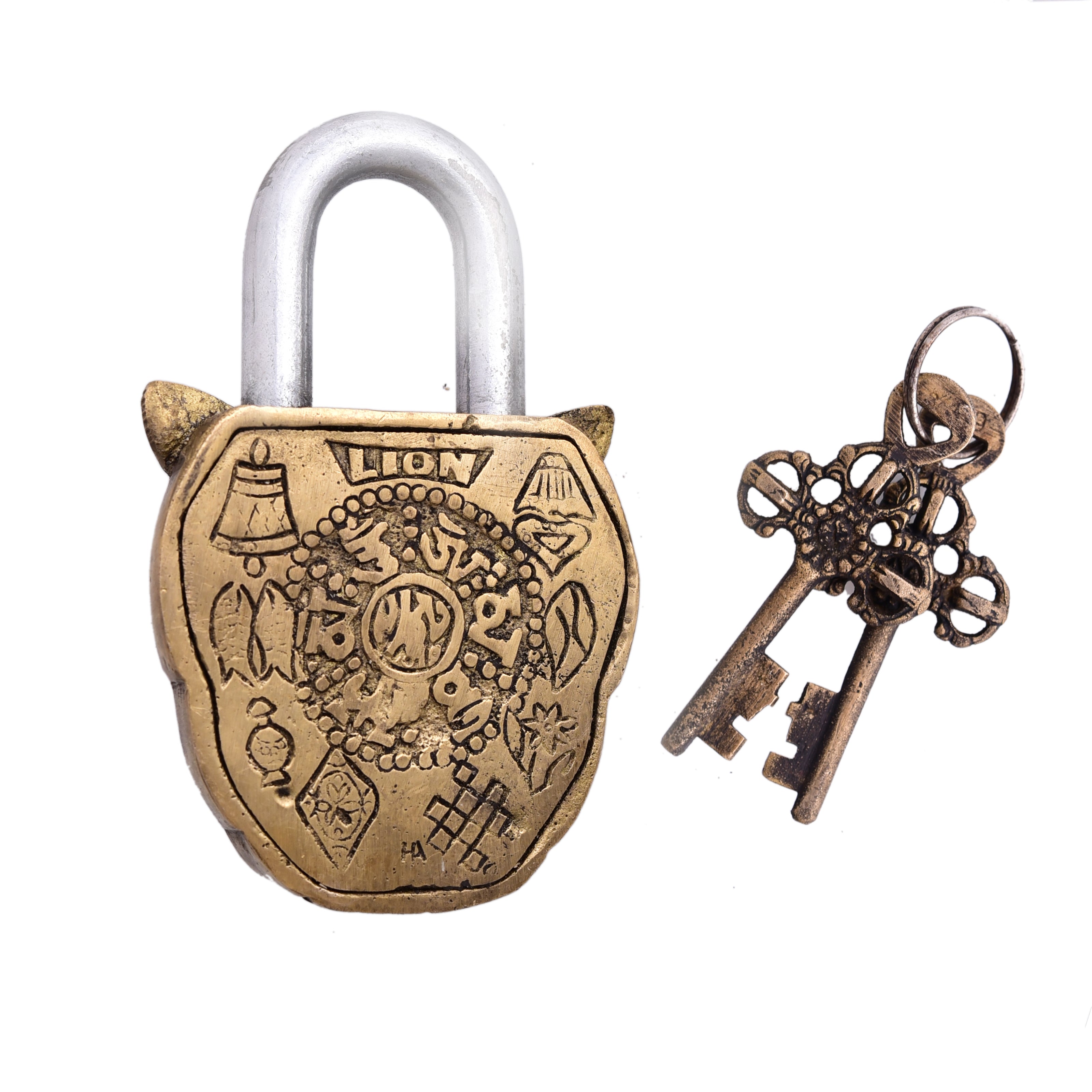 Vintage Lion Design Brass Padlock Handmade Safety Door Lock With 2 Keys GK  542