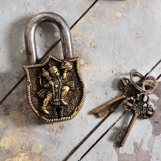 Brass Hanuman Door Lock With Three Brass Keys