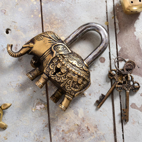 Brass Elephant Door Lock With Three Brass Keys (4.8 Inch)
