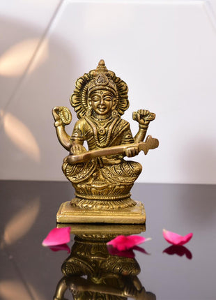Brass Goddess Saraswati Idol (4.3 Inch)