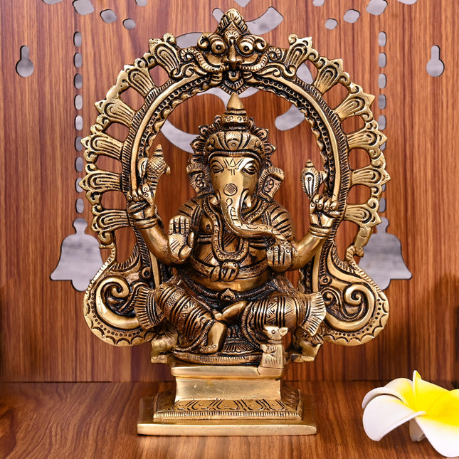 Brass Superfine Ganesha On Throne Idol (8 Inch)