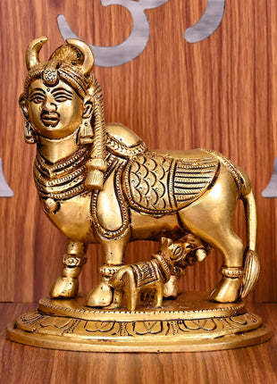 Brass Kamdhenu Cow With Calf Idol (5.5 Inch)