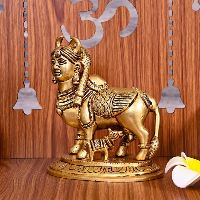 Brass Kamdhenu Cow With Calf Idol (5.5 Inch)