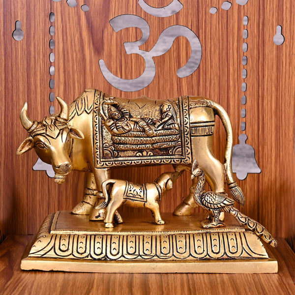 Brass Kamdhenu Cow With Calf Idol (5 Inch)