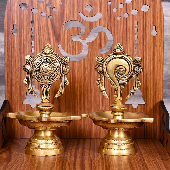 Brass Five Petal Shankh Chakra Diya Set (6 Inch)
