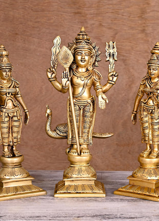 Brass Lord Murugan With Devasena And Valli Statues (11")