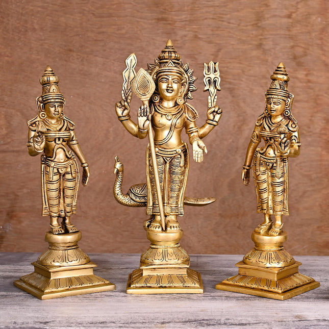 Brass Lord Murugan With Devasena And Valli Statues (11")