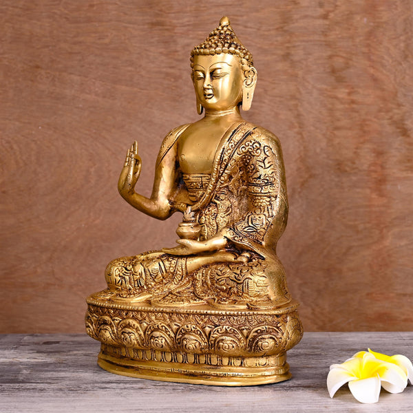 Brass Handcarved Blessing Buddha (12.5 Inch)