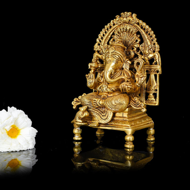 Brass Superfine Singhasan Ganesha Idol (8 Inch)