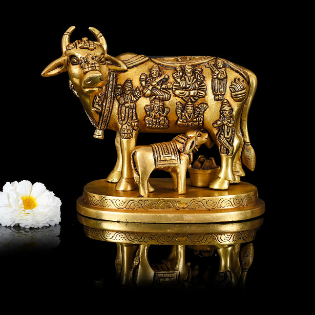 Brass Kamdhenu Cow With Calf Idol (5 Inch)