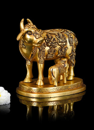 Brass Cow With Calf Idol (5 Inch)