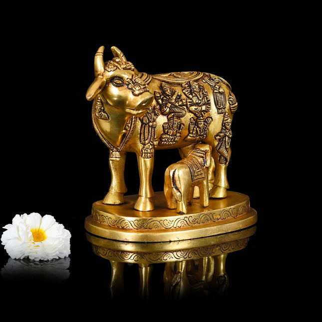 Brass Kamdhenu Cow With Calf Idol (5 Inch)