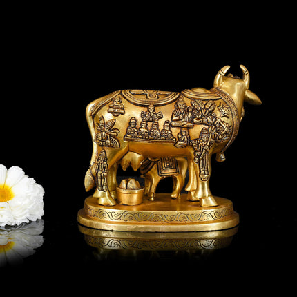 Brass Kamdhenu Cow With Calf Idol (5 Inch)