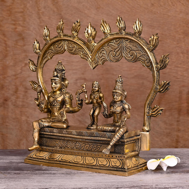 Brass Shiva And Parvati Statue With Skanda (11.5 Inch)