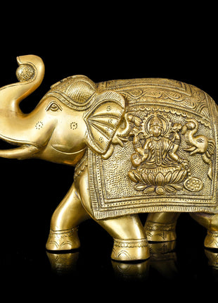 Brass Royal Elephant With Ganesha And Lakshmi Carving (8.5 Inch)