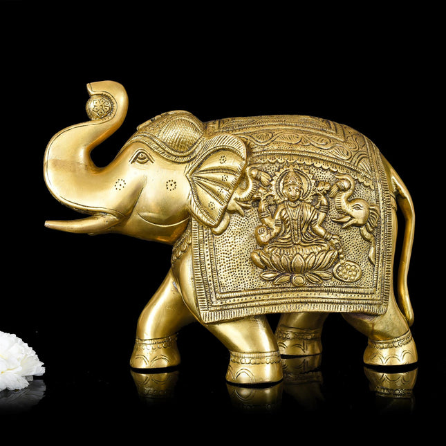 Brass Royal Elephant With Ganesha And Lakshmi Carving (8.5 Inch)