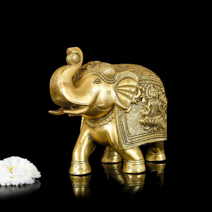 Brass Royal Elephant With Ganesha And Lakshmi Carving (8.5 Inch)