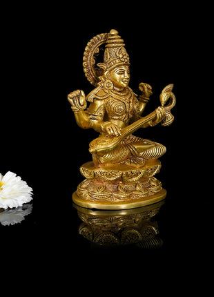 Brass Goddess Saraswati Idol (7 Inch)
