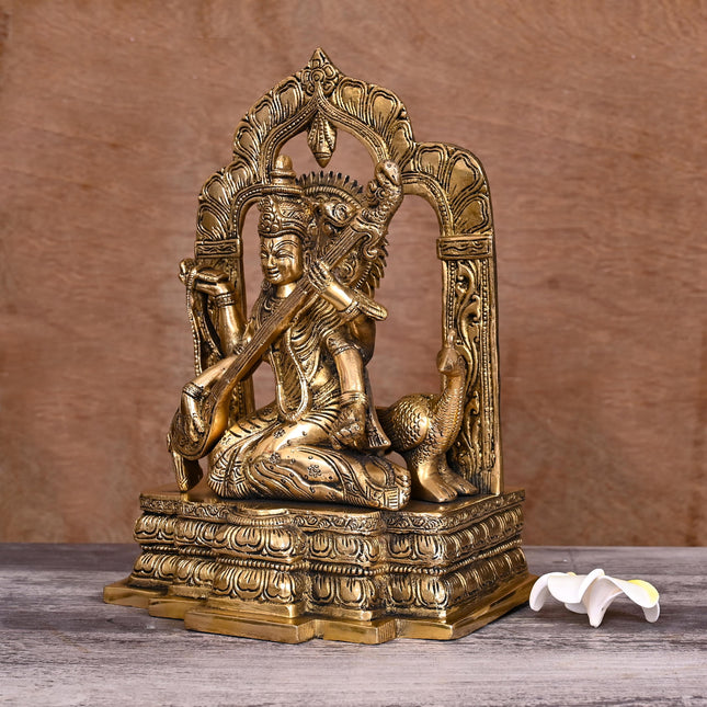 Brass Goddess Saraswati On Throne Statue (11 Inch)
