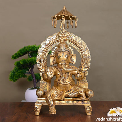 Brass Ganesha On Throne Idol (19.5 Inch)