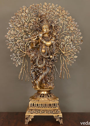 Brass Lord Krishna Statue With Tree (36")