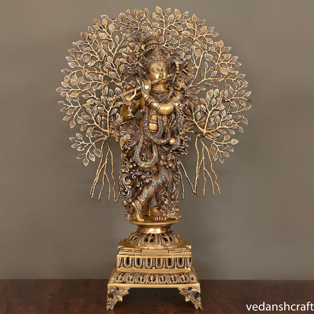 Brass Lord Krishna Statue With Tree (36")