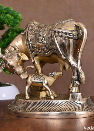 Brass Kamdhenu Cow With Calf Idol (8.5 Inch)