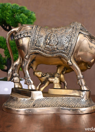 Brass Kamdhenu Cow With Calf Idol (8.5 Inch)
