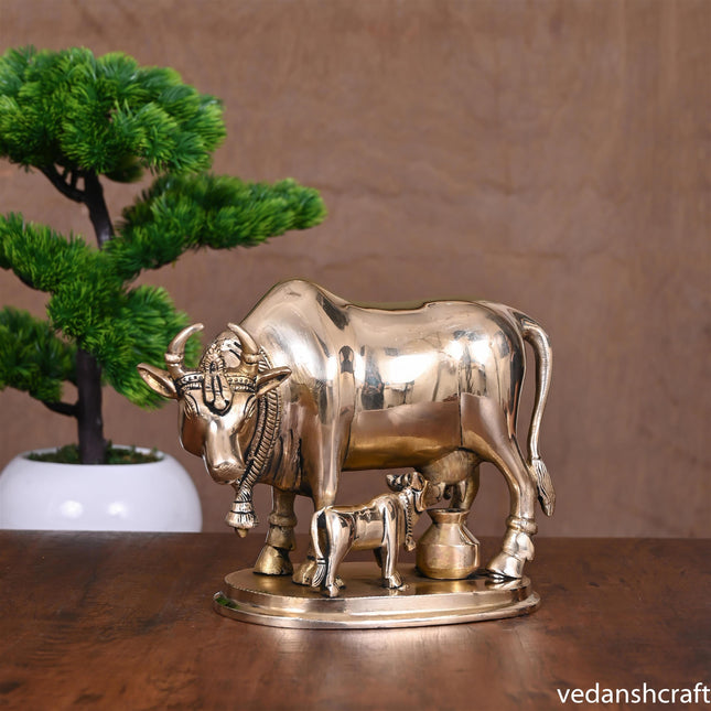 Brass Kamdhenu Cow With Calf Idol (6 Inch)