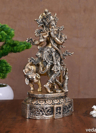 Brass Lord Krishna With Cow Idol (12")
