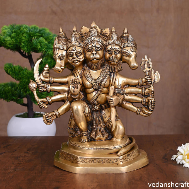 Brass Superfine Sitting Panchmukhi Hanuman Idol (11 Inch)