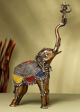 Brass Dhokra up Trunk Monkey Elephant Statue (23.5 Inch)