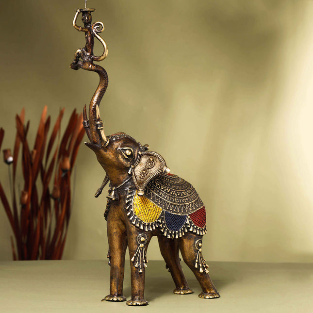 Brass Dhokra up Trunk Monkey Elephant Statue (23.5 Inch)