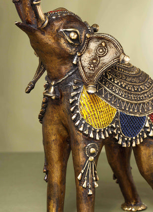 Brass Dhokra up Trunk Monkey Elephant Statue (23.5 Inch)
