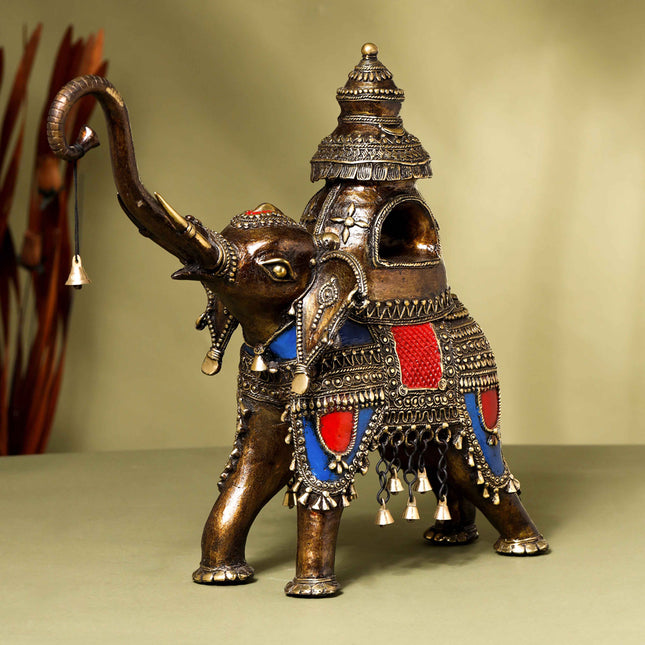 Brass Dhokra Elephant up Trunk Statue with Temple (15.5 Inch)