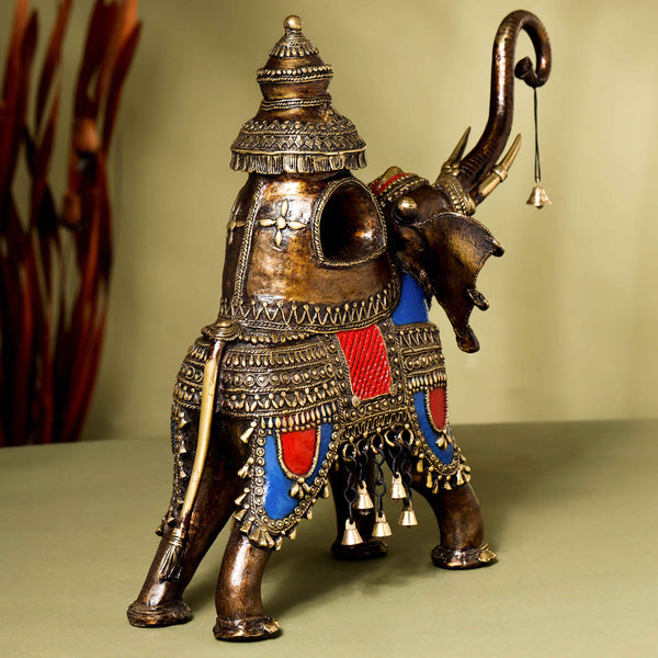 Brass Dhokra Elephant up Trunk Statue with Temple (15.5 Inch)