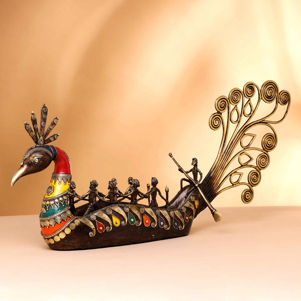 Brass Dhokra Peacock Nine Men Boat (15.5 Inch)