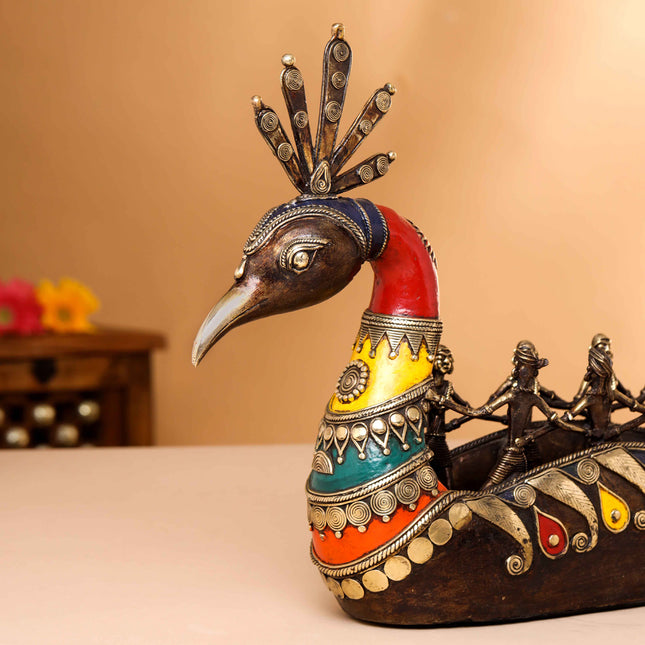 Brass Dhokra Peacock Nine Men Boat (15.5 Inch)
