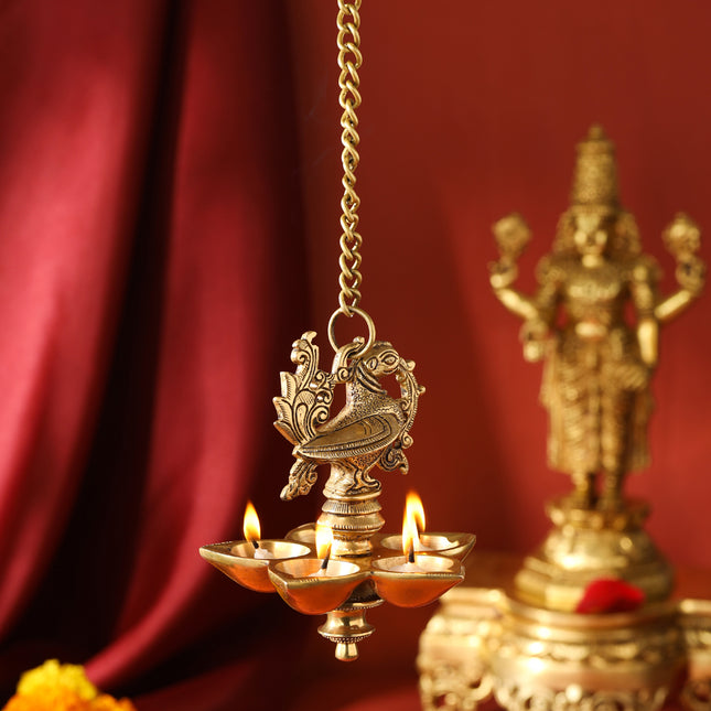 Brass Peacock Five Petal Hanging Diya (26.5 Inch)