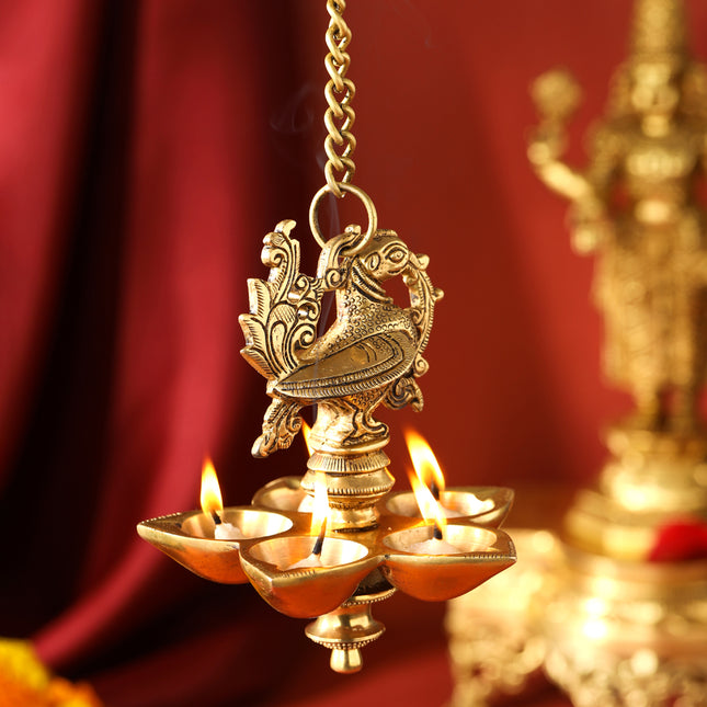 Brass Peacock Five Petal Hanging Diya (26.5 Inch)