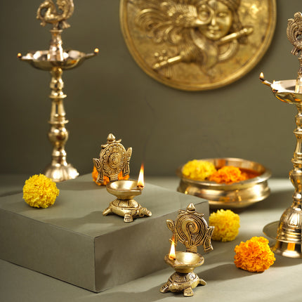 Brass Tortoise Shankh Chakra Diya Set (4 Inch)