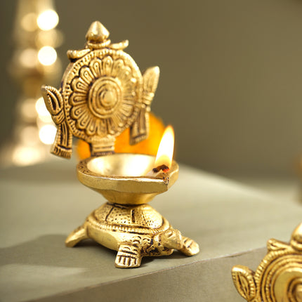 Brass Tortoise Shankh Chakra Diya Set (4 Inch)