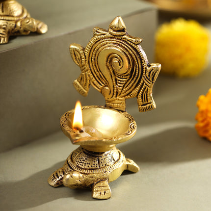 Brass Tortoise Shankh Chakra Diya Set (4 Inch)