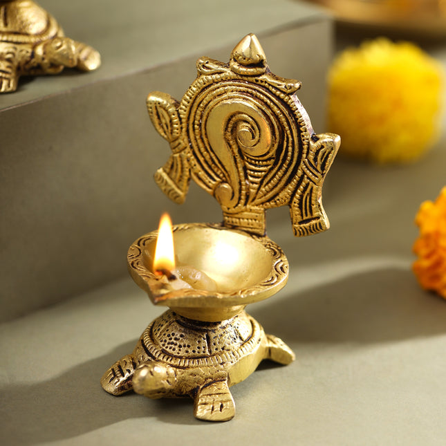 Brass Tortoise Shankh Chakra Diya Set (4 Inch)