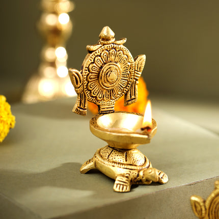 Brass Tortoise Shankh Chakra Diya Set (4 Inch)