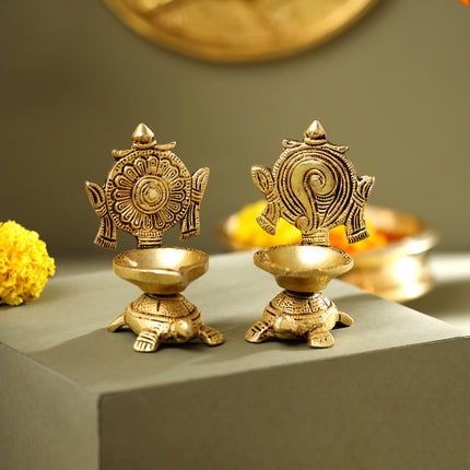 Brass Tortoise Shankh Chakra Diya Set (4 Inch)