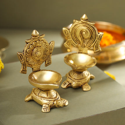 Brass Tortoise Shankh Chakra Diya Set (4 Inch)
